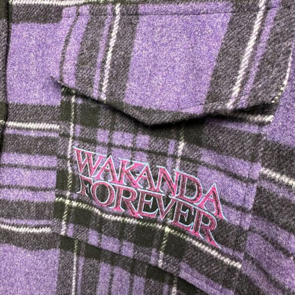 Black Panther Wakanda Forever Shirt Womens Purple Black Plaid Shacket NWT - Picture 2 of 7
